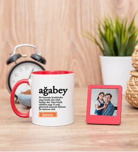 Ağabey Kelime Anlamı Kırmızı Kupa Bardak ve Kırmızı Mini Fotoğraf Çerçevesi