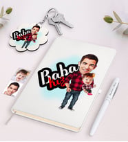 BK Gift Kişiye Özel Baba Kız Karikatürlü Beyaz Defter Kalem ve Anahtarlık Hediye Seti-4 (Model 1)