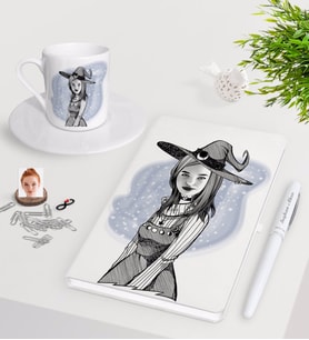 BK Gift Kişiye Özel Bayan Cadı Karikatürlü Beyaz Defter Kalem Türk Kahvesi Fincanı Seti-1 (Model 1)