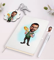 BK Gift Kişiye Özel Erkek Ressam Karikatürlü Beyaz Defter Kalem ve Anahtarlık Hediye Seti (Model 1)