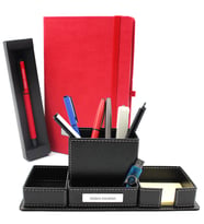 Kişiye Özel Kırmızı Defter & Roller Kalem & Masaüstü Kalemlik Hediye Seti (Model 1)