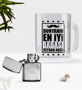 BK Gift Kişiye Özel Dünyanın En İyi Babası Cam Kupa Bardak Benzinli Metal Çakmak Seti-5 (Model 1)