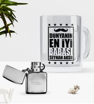 BK Gift Kişiye Özel Dünyanın En İyi Babası Cam Kupa Bardak Benzinli Metal Çakmak Seti-5 (Model 1)