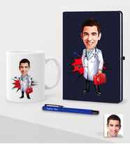 BK Gift Kişiye Özel Bay Doktor Karikatürlü Lacivert Defter Kalem Kupa Seti - 4 (Model 1)