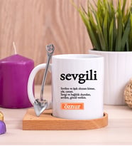 Sevgili Kelime Anlamı Ahşap Altlıklı Beyaz Kupa Bardak