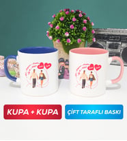 İkili Sevgiliye Sevgililer Günü Hediyesi 4 Kupa Bardak Lacivert Pembe