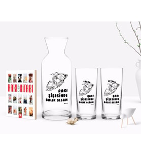 BK Gift Kişiye Özel Renkli Baskılı Rakı Şişesinde Balık Olsam Tasarımlı İkili Rakı Bardağı Karaf ve Cep Kitabı Hediye Seti-1 (Model 1)