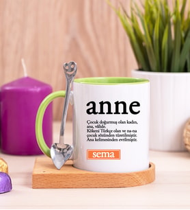Anne Kelime Anlamı Ahşap Altlıklı Yeşil Kupa Bardak