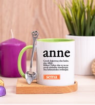 Anne Kelime Anlamı Ahşap Altlıklı Yeşil Kupa Bardak