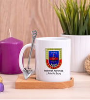 Jandarma Logolu Ahşap Altlıklı Beyaz Kupa Bardak