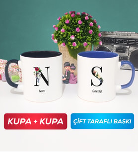 İkili Kişiye Özel Baş Harf ve İsim Yazılı Kupa Bardak Siyah Lacivert