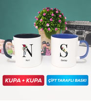 İkili Kişiye Özel Baş Harf ve İsim Yazılı Kupa Bardak Siyah Lacivert