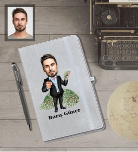 Kişiye Özel İş Adamı Karikatürlü Gri Defter Kalem Hediye Seti  Bay-21