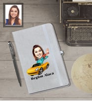 Kişiye Özel Sürücü Karikatürlü Gri Defter Kalem Hediye Seti  Bayan-1