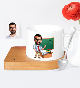 BK Gift Kişiye Özel Öğretmen Karikatür Ahşap Altlıklı Seramik Fincan  2