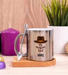Awesome Dad Babaya Hediye Ahşap Altlıklı Silver Kupa Bardak