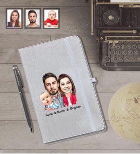 Kişiye Özel Aile Karikatürlü Gri Defter Kalem Hediye Seti   Mod-1
