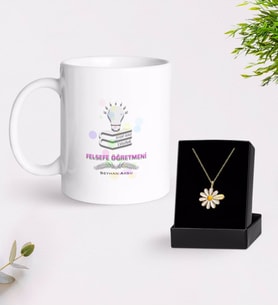 BK Gift Kişiye Özel Felsefe Öğretmeni Beyaz Kupa ve Papatya Kolye Hediye Seti-2 (Model 1)