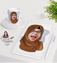 BK Gift Kişiye Özel Tesettürlü Bayan Karikatürlü Beyaz Defter Kalem Türk Kahvesi Fincanı Seti-1 (Model 1)