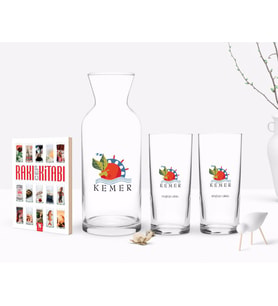 BK Gift Kişiye Özel Renkli Baskılı Kemer Tasarımlı Turistik İkili Rakı Bardağı Karaf ve Cep Kitabı Hediye Seti-1 (Model 1)
