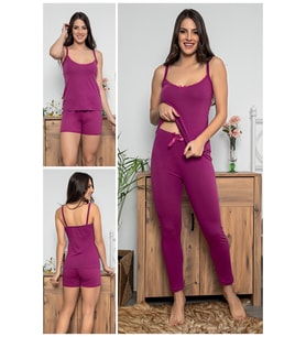 MyBen Kadın Mor Renkli Dantel Detaylı Şortlu ve Taytlı Pijama Takımı 3'lü Set 75022