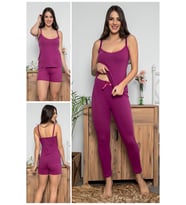MyBen Kadın Mor Renkli Dantel Detaylı Şortlu ve Taytlı Pijama Takımı 3'lü Set 75022