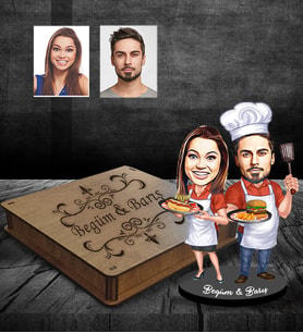 Kişiye Özel Aşçı Sevgili Karikatürlü Ahşap Biblo Kutulu Model-2