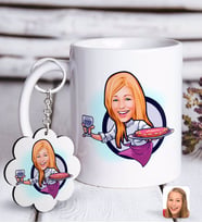 BK Gift Kişiye Özel Bayan Garson Karikatürlü Beyaz Kupa ve Anahtarlık Hediye Seti-1 (Model 1)