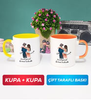 İkili Sevgiliye Hediye Bir Ömür Sevgililer Günü Hediyesi Kupa Bardak Sarı Turuncu