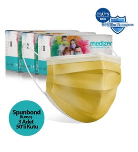 Medizer Full Ultrasonik Cerrahi Ağız Maskesi 3 Katlı Spunbond Kumaş 150 Adet - Burun Telli - Sarı