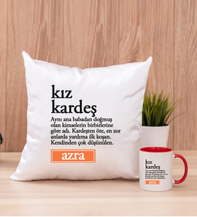 Kız Kardeş Kelime Anlamı Kare Yastık ve Kırmızı Kupa Bardak