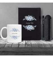 Kişiye Özel UV Çiçekli Siyah Defter Kalem Kupa Seti