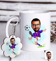 BK Gift Kişiye Özel Bordo Mavi Futbolcu Karikatürlü Beyaz Kupa ve Anahtarlık Hediye Seti (Model 1)
