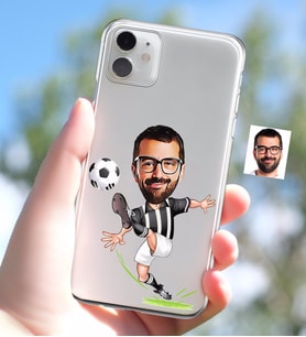 BK Gift Kişiye Özel Siyah Beyaz Futbolcu Karikatürlü iPhone 11 İnce Şeffaf Silikon Telefon Kapağı