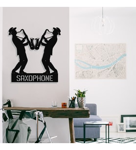 New Jargon - Çerçeve İçinde Jazz Saksafon Çalan Adamlar Tasarım Metal Tablosu 70x65cm (Siyah)