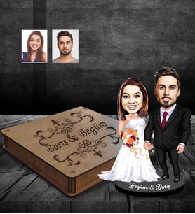 Kişiye Özel Gelin Damat Karikatürlü Ahşap Biblo Kutulu Mod-8