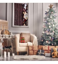 Baskılı Duvar Örtüsü Kırmızı Noel Yılbaşı Süsleri Hediyeler Simli Yıldız 