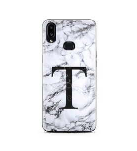 Samsung A10s Beyaz Mermer Harf Tasarımlı Telefon Kılıfı T-Harfi 