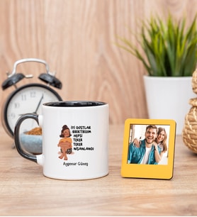 İyi Dostlar Biriktirdim Siyah Kupa Bardak ve Sarı Mini Fotoğraf Çerçevesi