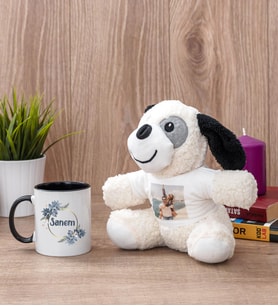 İsme Özel Çiçek Desenli Siyah Kupa Bardak ve Peluş Köpek