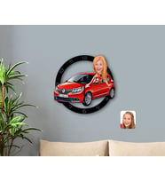 BK Gift Kişiye Özel Plakalı Kadın Renault Sandero Karikatürlü Ahşap Duvar Saati-1 (Beyaz)