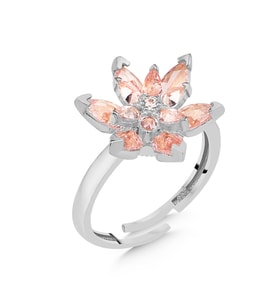 925 Ayar Gümüş Ayarlanabilir Pembe Taşlı Lotus Yüzük (Gümüş)