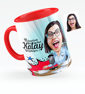 BK Gift Kişiye Özel Bayan Sunucu Karikatürlü Kırmızı Kupa Bardak  1