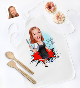 BK Gift Kişiye Özel Bayan Aşçı Karikatürlü Mutfak Önlüğü Ahşap Kaşık Spatula Seti - 1
