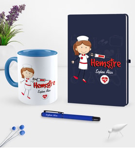 BK Gift Kişiye Özel Hemşire Temalı Lacivert Defter Kalem Kupa Seti - 5 (Model 1)