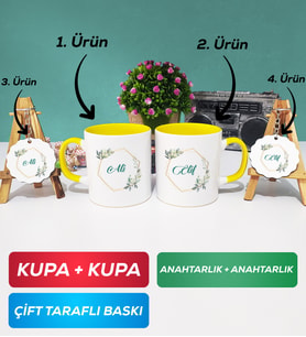 İkili Sarı Çiçek Tasarımlı İsme Özel Kupa Bardak Anahtarlık