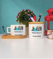 Jeofizik Mühendisi Ahşap Altlıklı Fincan ve Kalemlik Seti