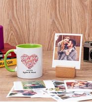 Kişiye Özel Kalpli Yeşil Kupa Bardak ve Ahşap Standlı Polaroid Set