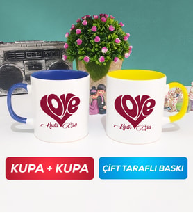 İkili Love Tasarımlı Sevgililer Günü Hediyesi Kupa Bardak Lacivert Sarı