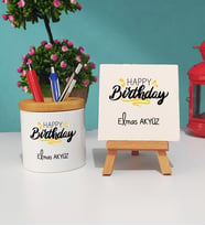 Happy Birthday Tasarımlı Kişiye Özel Doğum Günü Hediyesi Kalemlik ve Dekoratif Taş Baskı Hediye Seti